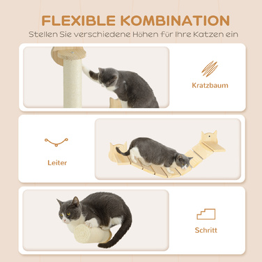 PawHut Cat Набір скеледромів, меблі для кішок з 3 предметів з котячим деревом, сходинка, драбина, настінна кігтеточка для котів до 5 кг, виготовлена з сосни, натурального дерева | Аосом