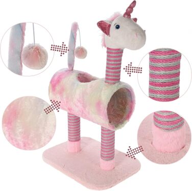 Драбинка для котів Mijoma з дизайном єдинорога, рожевий колір, 3 стовпчики з сизалю, іграшковий хвіст з помпоном, плюшева голова та тунель, 85x40x30 см – ідеально для гри та догляду