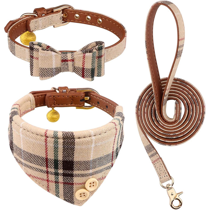 Нашийник для собак, цуценят та котів, комплект з 3 шт., з бантиком та дзвіночком, 9''-11.5'', Бежевий