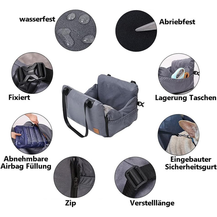 Автокрісло для собак та котів, сіре, з кріпленням та кишенею для зберігання, для маленьких та середніх порід