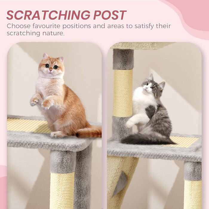 Клітка-когтеточка для котів Dogat 107 см, багатоярусна з когтеточкою, лежаком, будиночком та ігровим м'ячиком (сіра/бежева)