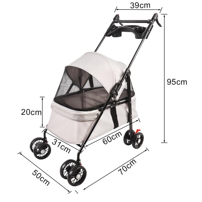 Візок для собак Homewell 2в1, сірий, 50x70x99 см. Візок-будка, з тримачами для напоїв, складний, з гальмом