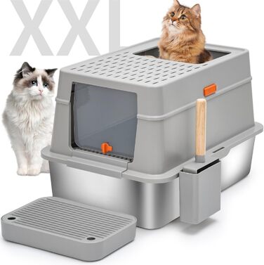 Великий котячий туалет з кришкою KMNSUN XXL, 30 л, з нержавіючої сталі, з двофільтровою системою та совком, високий бортик, не протікає, сірий