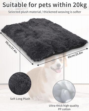 М'яке собаче ліжко для собак середніх порід, 95 x 65 см, плюшеве, ортопедичне, з неслизьким дном, легко миється, темно-сіре