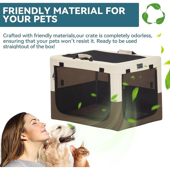 Складаний контейнер Petsfit для великих собак, домашній транспортний бокс, регульований дизайн, сітчасті вікна, розмір L (76×50×49 см), колір кава