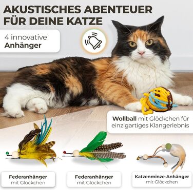 BuddyPaws® Паличка-пір'їна для котів Stabil – Інтерактивна іграшка з 4 пір'ями та котячою м'ятою, висувна 42-104 см, гнучка, з запасним шнуром, аксесуари для котів