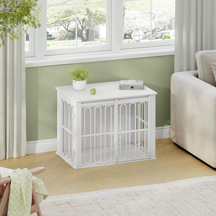 Дерев'яний вольєр для собак, 81 см, вольєр-стілець для дому, 2 двері, розсувні, для маленьких та середніх собак, міцний, 81 × 55 × 62,4 см, білий