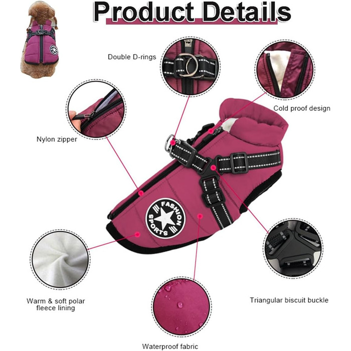 Водонепроникна зимова куртка для собак з інтегрованим шлейкою, зручна та регульована, з відбиваючими елементами. Підходить для маленьких та великих собак.