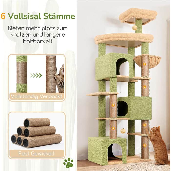 Комплекс для котів Globlazer XXL (203 см) для 4-6 великих котів, з 3 будиночками, платформами, кошиком та іграшками, стійкий, зелений