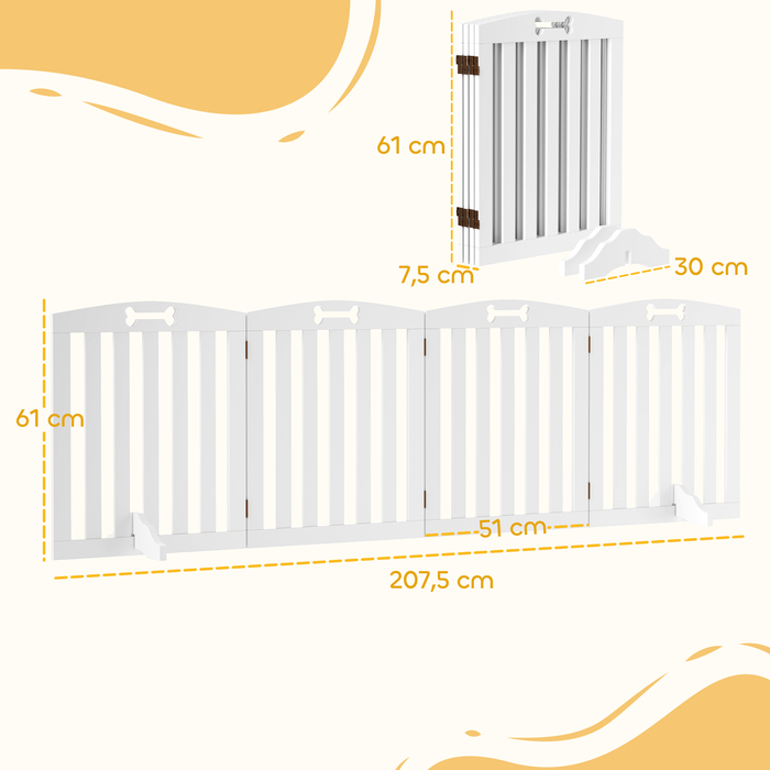 PawHut Barrier Dog 4 частини, 207,5 x 61 см складний дверний щиток з 2 опорними ніжками, окремо стоячі ворота для собак, сходові ворота для собак середнього розміру, для передпокою, сходи, білий | Аосом