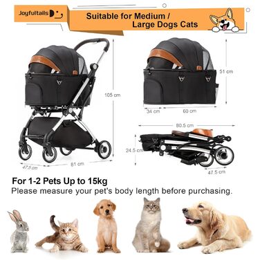 Візок для собак 3 в 1, до 15 кг, чорний. Складаний візок для собак і котів з сумкою-переноскою та дощовиком