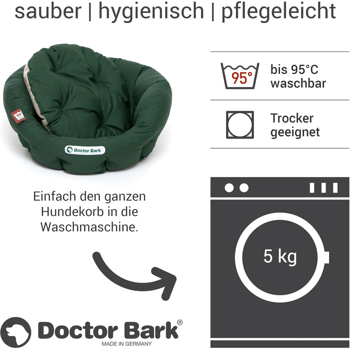 Ортопедичне кругле ліжко-кошик для собак Doctor Bark з м'якою змінною подушкою та іграшкою ToyBone, для малих порід, зелено-бежевий, розмір S (40x35 см), пране при 95°C, вироблено в Німеччині