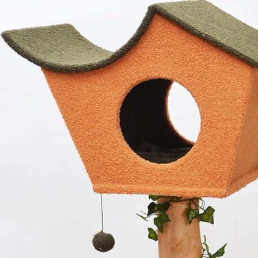 Котячий будиночок з когтеточкою Fudajo з рослинним декором, 154 см. Когтеточка з штучним хутром та деревом, будиночок для котів з іграшками, котячі меблі з платформами