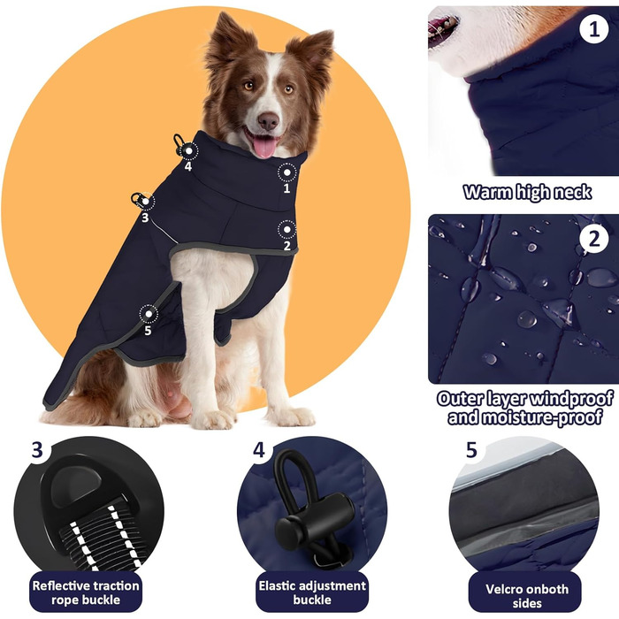 Водонепроникна тепла куртка для собак SilverChry, зручний нашийник, відбивачі, флісова підкладка, для великих собак, тепла та комфортна в холодну погоду, для дому та на вулицю