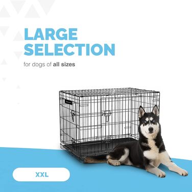 Клітка для собак XXL 122 см, металева, з 2 дверима, пластикова основа, чорна, для дресирування цуценят, переносна