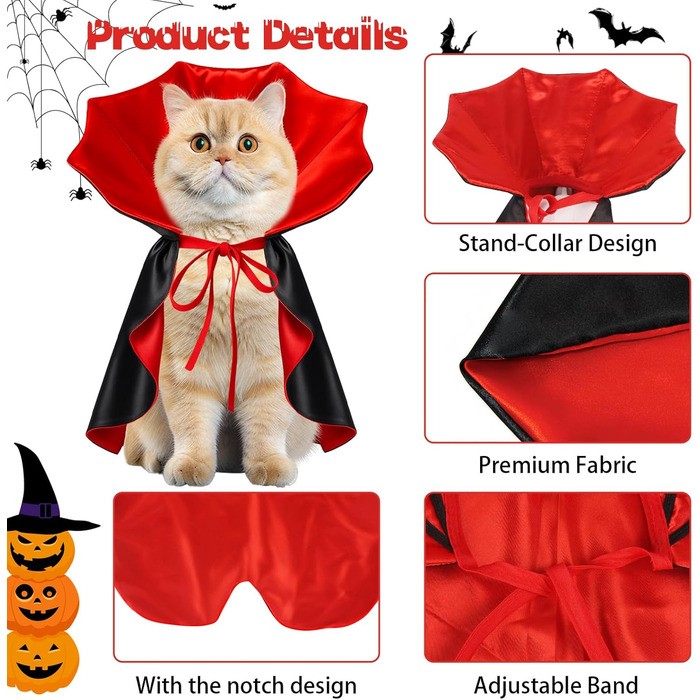 Костюм на Хелловін для собак та котів: вампірський набір, чорний/червоний, чорний/фіолетовий. Розміри S, червоний