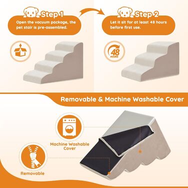 Сходинки для собак: 4 сходинки для ліжка, дивану, крісла, для маленьких собак, з антиковзким покриттям, фліс, бежевий