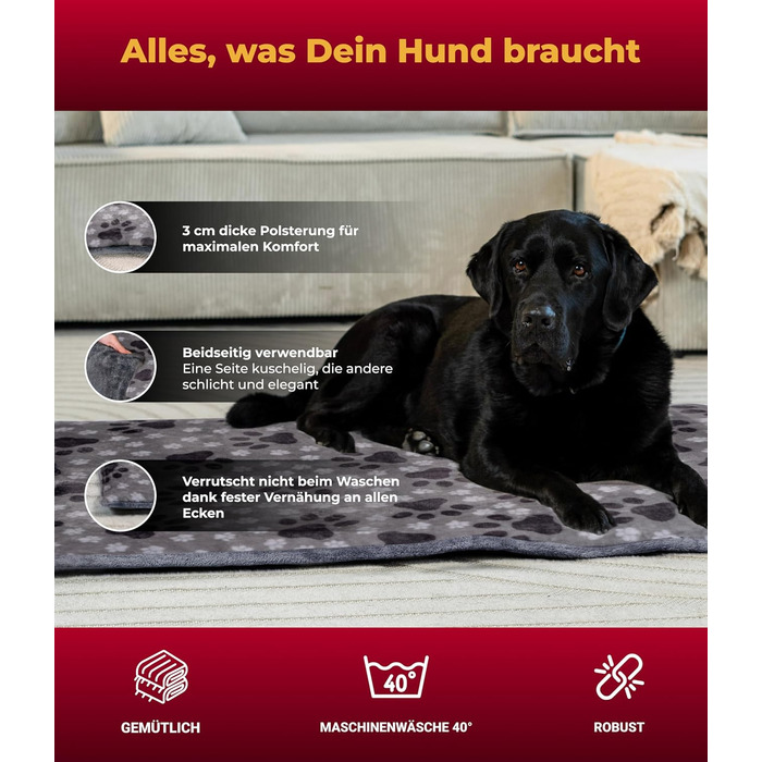 Лежак-декa для собак HS-Hundebett, L (75x115 см), двосторонній, м'який, 3 см наповнювач, для дивану, авто й переноски, сірий з лапкою, зроблено в Німеччині