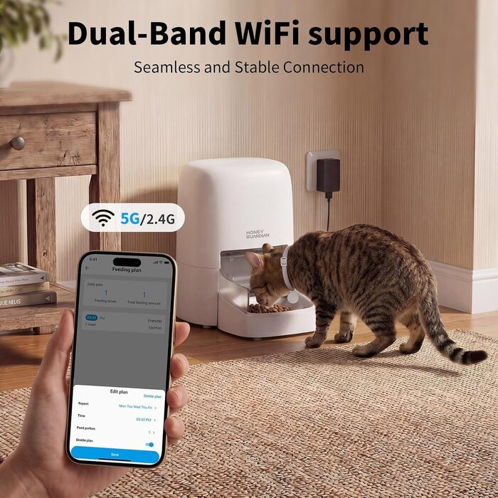 Автоматичний годівник для котів з RFID-сенсором та 5G WiFi, 4.6л, з керамічною мискою та розпізнаванням за нашийником (Білий)