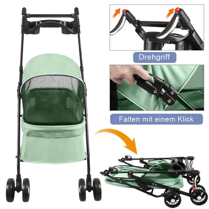 Складаний візок для тварин, 4 колеса, для собак/котів, цуценят, 50 x 70 x 95 см (м'ятний)
