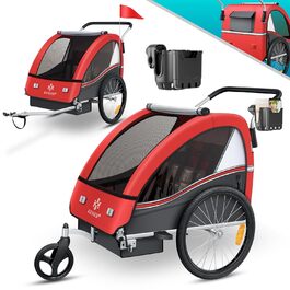 Дитячий велопричіп KESSER Sport-RX 2в1 (велопричіп/візок) для 1-2 дітей, 360° обертання, 5-точкова система безпеки, максимальне навантаження 40 кг, тримач для напоїв та смартфон, червоний