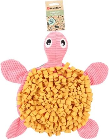 Килимок-іграшка для цуценят Flamingo Morgano Schildkröte: жовтий та бежевий, 38x39x6,5 см, з антиковзаючою основою, пищалкою та шурхотом, для наповнення ласощами