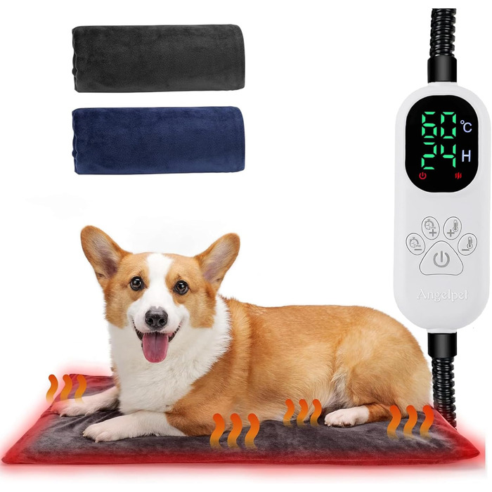 Кілимок-грілка для домашніх тварин 45x45 см – тепла ковдра для собак та котів, регулювання температури 30–60°C, таймер 0–12/24 години, захист від укусів, міцний кабель 1,8 м, 2 знімні чохли, регулювання температури 30–60°C (з кроком 1°C)