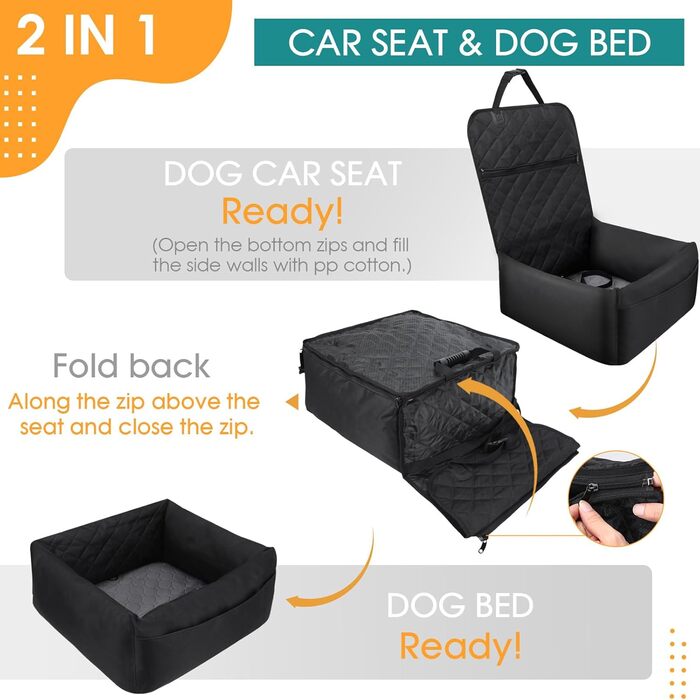 Автомобільне ліжко для собак Mozvvco 2-в-1, чорне. З безпечним ременем, вбираючою підстилкою та знімним чохлом. Для маленьких собак.