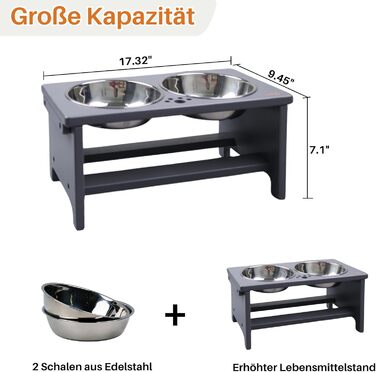 Підвищені годівниці для собак HTB, бамбук, 2 миски з нержавіючої сталі, 44x24x18 см, 18 см висота, сірий колір