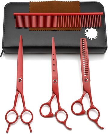 Набір для стрижки собак 4 в 1: прямі, зубчасті та вигнуті ножиці, гребінець. Підходить для собак, котів та інших тварин (червоний)