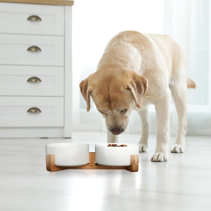 Миска для собак Relaxdays з кераміки, 850 мл, для корму та води, з бамбуковим каркасом, біла