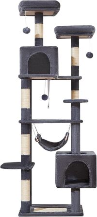 Дряпка для котів Taoqimiao MS020SG, котячий комплекс для дому, м'який будиночок з 6 стовпчиками, 2 лежаками, 2 домівками, гамаком і 3 іграшками-помпонами, сірий