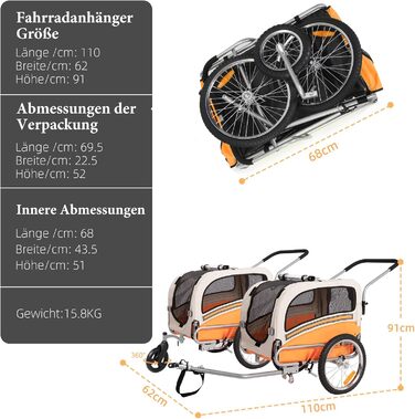 Причеп-трансформер для собак 2-в-1 для велосипеда та бігу – для собак до 30 кг, з гальмами, сигнальним прапором, для активного відпочинку та дому, легкий у збиранні (Помаранчевий)