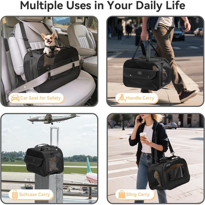 Транспортний бокс для котів та собак 4 PET - для кабіни літака/автомобіля, легкий, з безпечними пряжками та сіткою, чорний