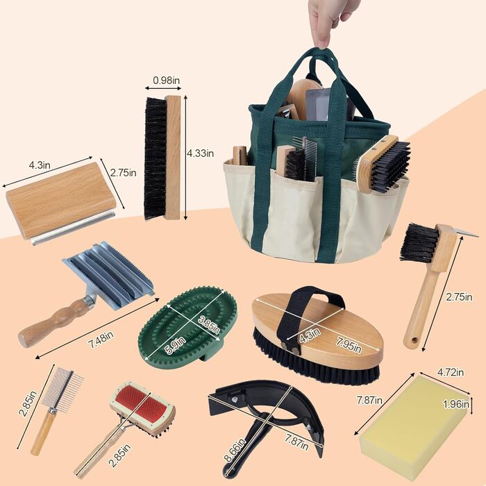 Набір для догляду за конем з дерева, 13 предметів: екологічні інструменти з ергономічними ручками, професійні щітки для гриви та копит