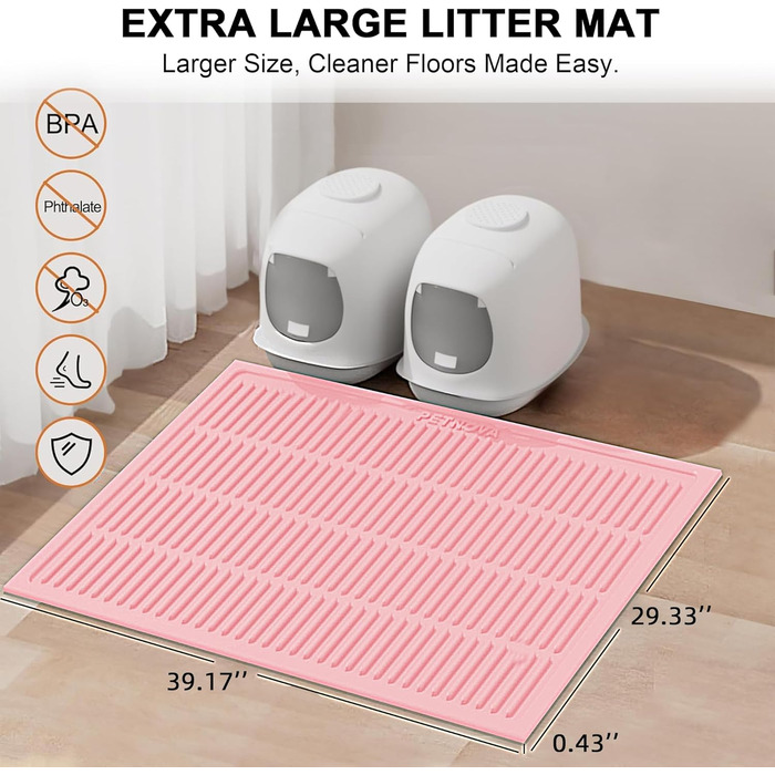 Килимок для котячого туалету PetNova, 101,6 x 76,2 см, силікон, вологостійкий, з рифленням, легко чистити, для кількох котів, рожевий