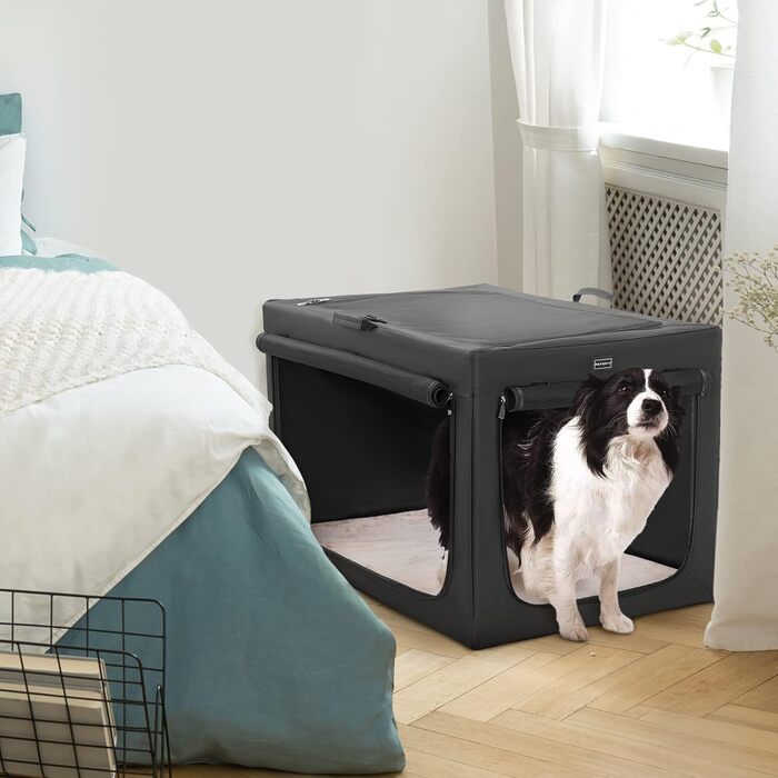 Складана транспортна будка для великих собак Petsfit, чорна, з міцними сітчастими вікнами та плюшевим матрацом, регульований дизайн для дому та подорожей