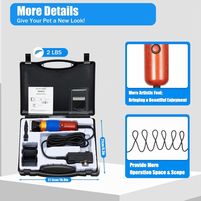 Професійна машинка для стрижки собак та котів 200W з акумулятором, 4 насадки, 1000-6600rpm