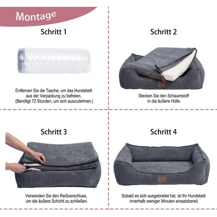 Ортопедичне собаче ліжко преміум-класу з корду для собак маленьких та середніх порід, з додатковою петелькою, водонепроникний внутрішній чохол, собаче ліжко-софа, подушка для собак, знімний та пральний чохол, 80 x 60 x 17 см, Сірий (M)
