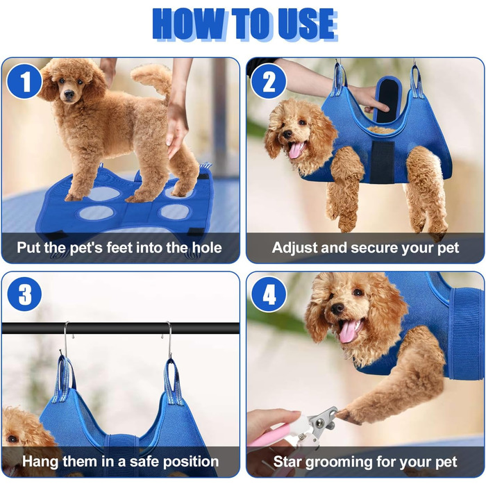 Набір для догляду за собаками MACUNIN: гамак, спорядження для грумінгу з регульованим кріпленням, широкий ремінь, блакитний, 2-ге покоління