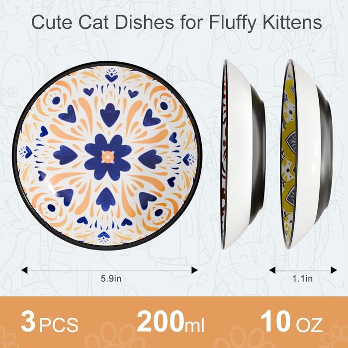 Керамічні годівниці для котів, миски для кошенят, анти-колючий дизайн, неслизька підставка, плоскі миски для котів, кошенят, маленьких собак, кроликів, набір 3 шт. Боген