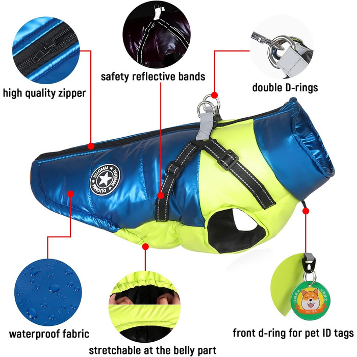 Водонепроникна зимова куртка для собак та котів SALLLEE LUCKY STORE з кільцем D, блакитна (XL)