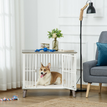 PawHut Клітка для собак Wood Look зі стільницею та подушкою для середніх собак 86x60x70см у білому та сірому кольорах