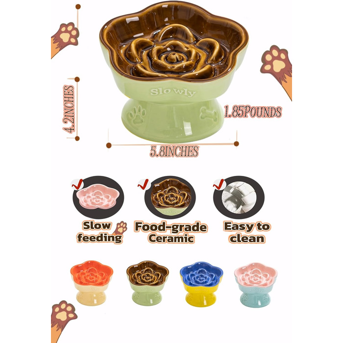 Миска для повільного годування домашніх тварин, керамічна, піднята та нахилена, для котів та маленьких собак, запобігає блювоті та удушенню (Рожева)