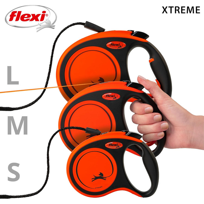 Рулетка для собак Flexi Xtreme L - міцна, 7.9 м, посилене гумове обплетення, світловідбиваючі елементи, регульована ручка, оранжево-чорний, Large