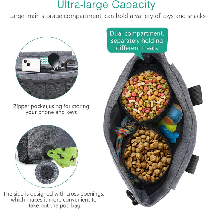Сумка для корму для собак ORIA, переносна сумка для тренувань, з магнітним закриттям, регульований ремінь та диспенсер для відходів, преміум-якість - сіра