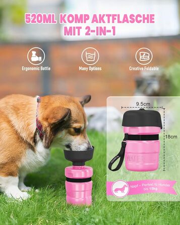 Складана пляшка для води для собак Lesotc, 520 мл, рожева - витоки виключені, для прогулянок, подорожей та кемпінгу