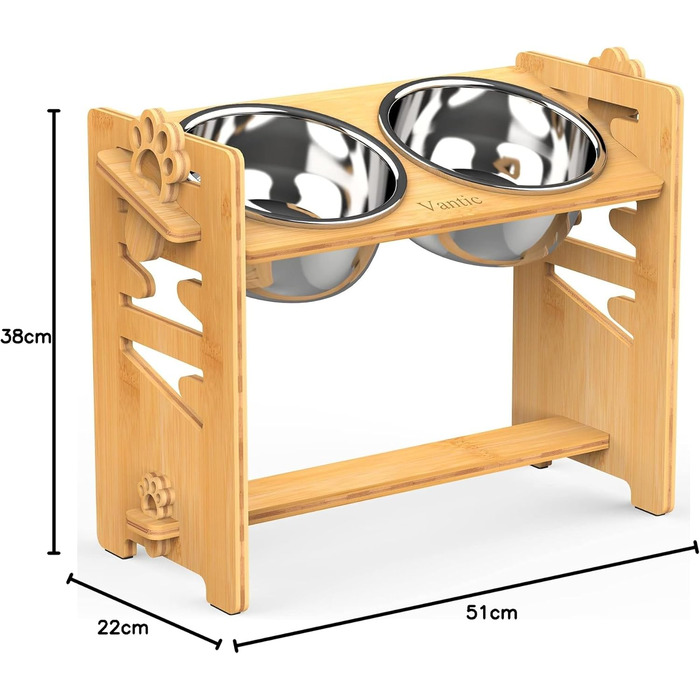Підвищена годівниця для собак Vantic з підставкою, регульована годівниця для собак і котів, міцна годівниця-стійка з 2 нержавіюних мисок та неслизькими ніжками (для великих собак, бамбук)