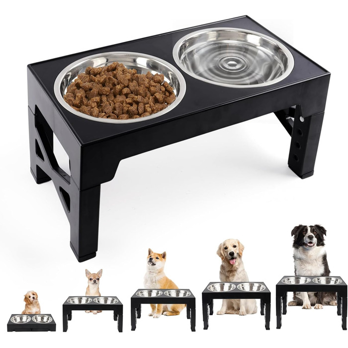 Підвищена годівниця для собак та котів, регульована висота, з нержавіючої сталі, 2 миски, чорна