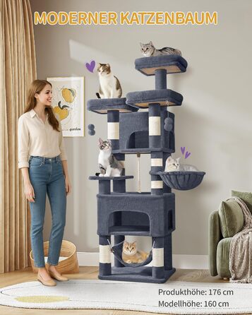 Кігтеточка для котів Hzuaneri 176 см, XL, 3 платформи, 2 печери, 7 стовпчиків, гамак, плюшеві кульки, для багатокотових сімей, темно-сірий MS17618SG